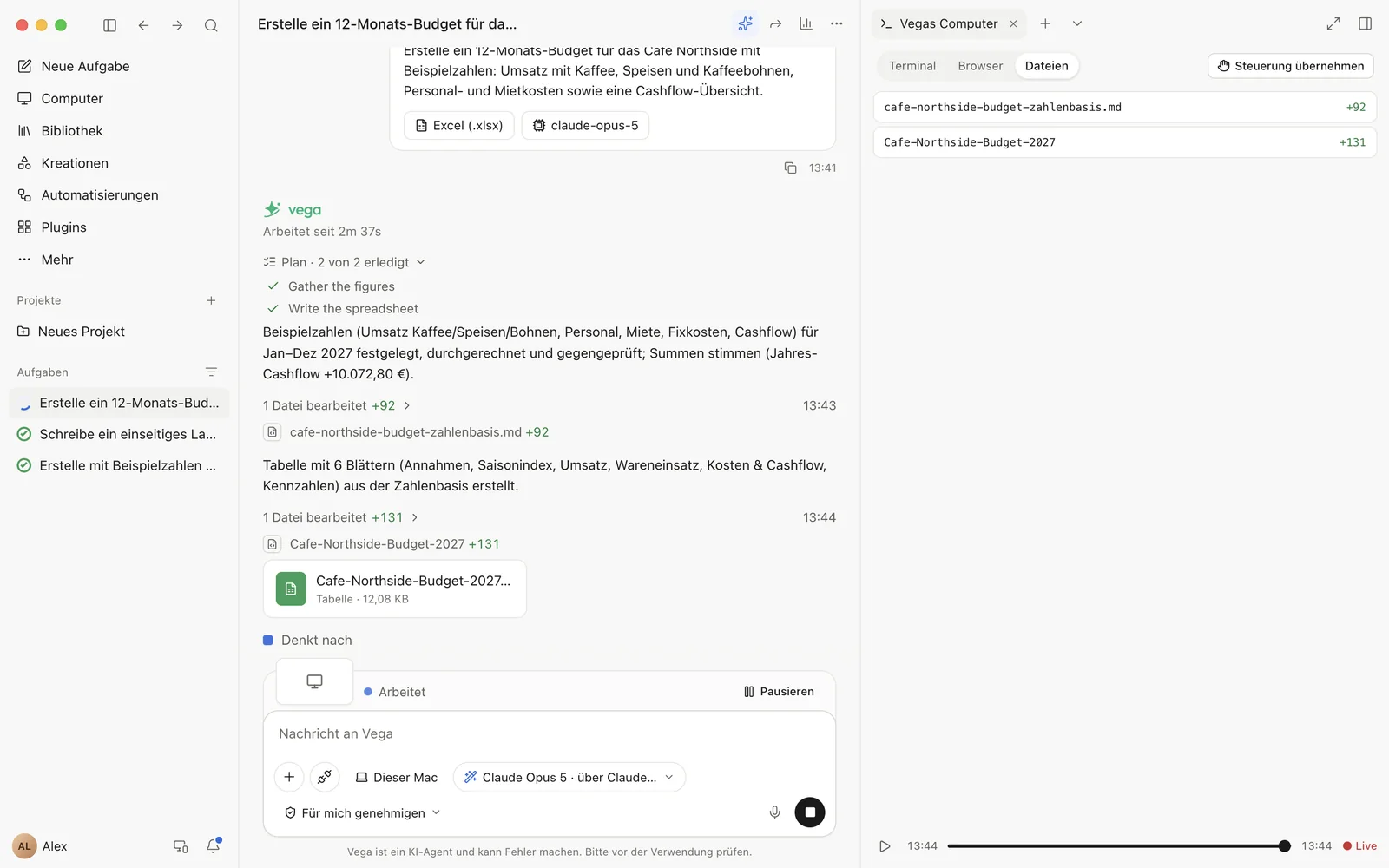 Vega erstellt eine DCF-Arbeitsmappe: links der Plan, rechts Vegas Computer mit einem Terminal