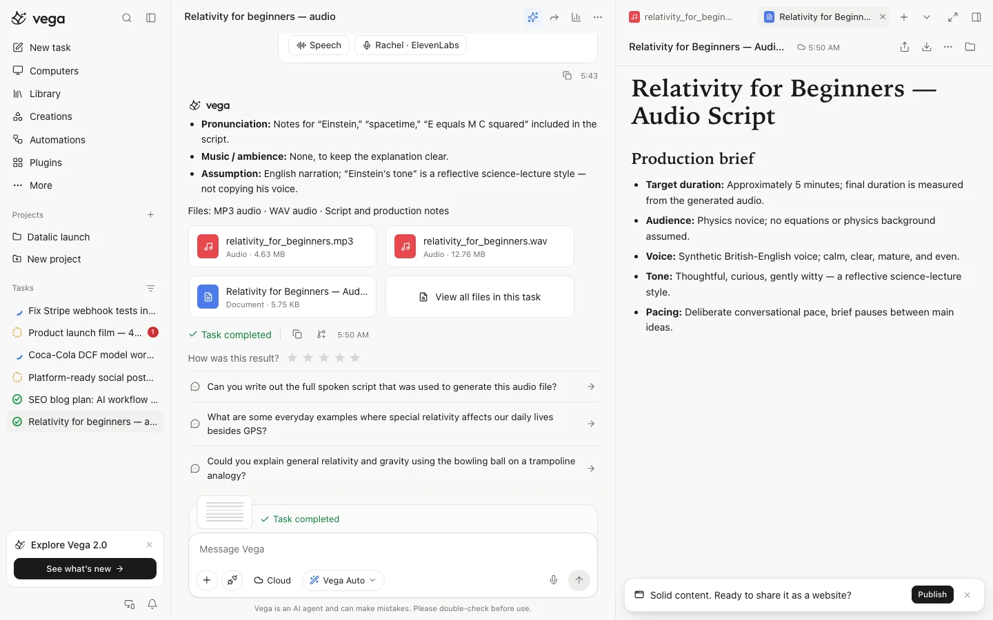 A finished audio script with files ready to download