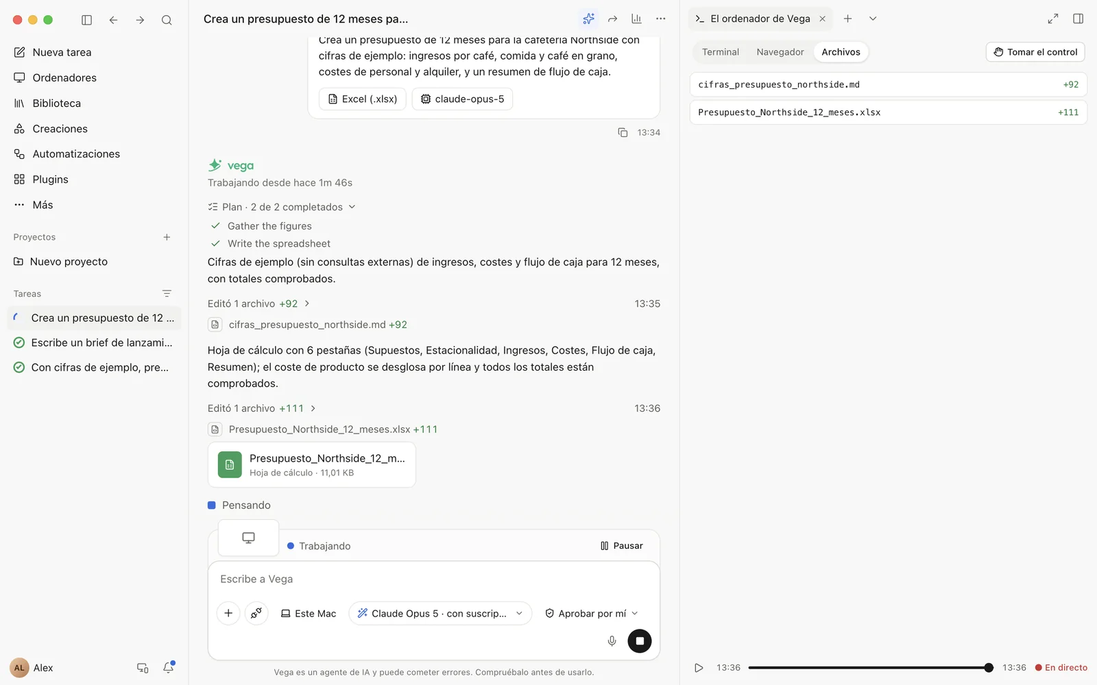 Vega creando un libro de cálculo DCF: el plan a la izquierda y el ordenador de Vega ejecutando un terminal a la derecha