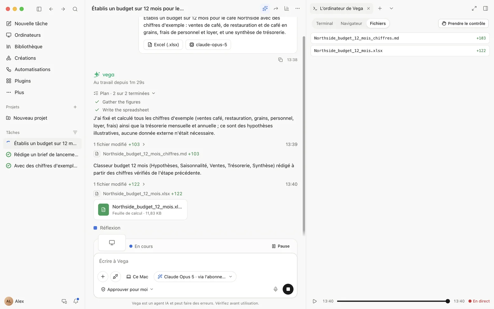 Vega construisant un classeur DCF : le plan à gauche, l'ordinateur de Vega avec un terminal à droite