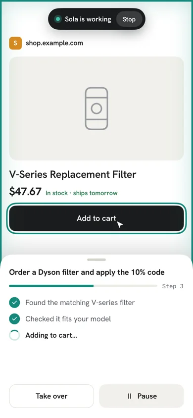 Sola on iPhone ordering a replacement filter