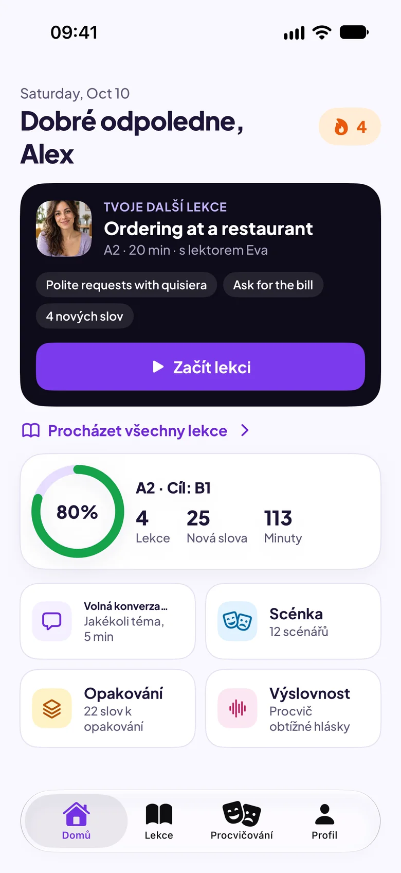 Domovská obrazovka Maia s další lekcí: Objednávání v restauraci