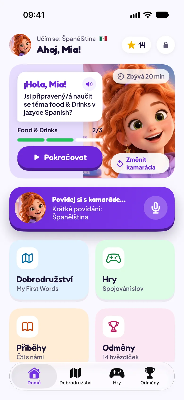 Domovská obrazovka Dětského režimu s kamarádkou Lunou