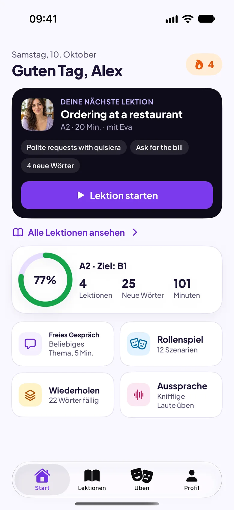 Maia-Startbildschirm mit der nächsten Lektion, Bestellen im Restaurant
