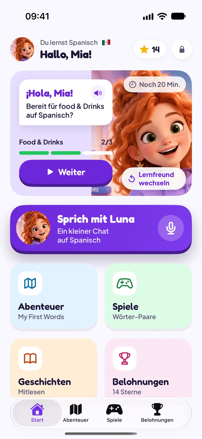 Kindermodus-Startseite mit Lernfreundin Luna