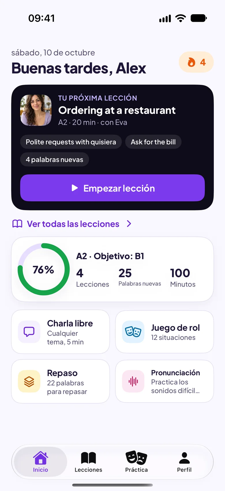Pantalla de inicio de Maia con la próxima lección, Pedir en un restaurante