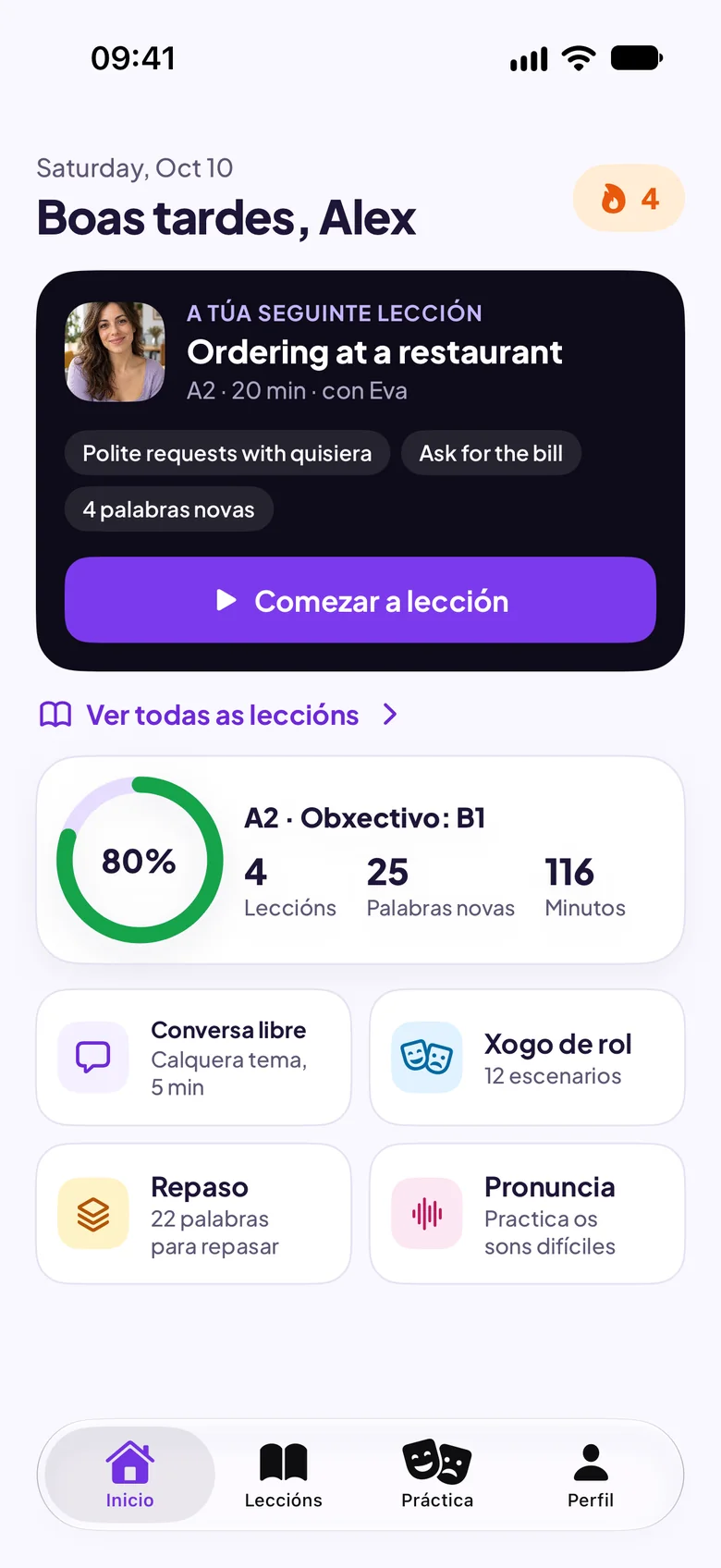 Pantalla de inicio de Maia coa seguinte lección, Pedir nun restaurante