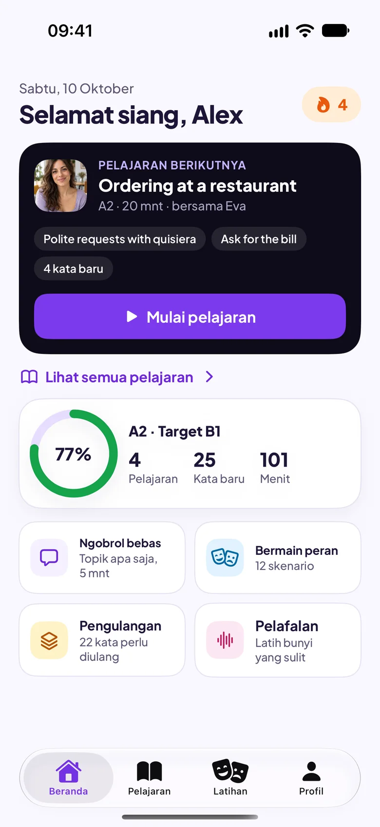 Layar beranda Maia dengan pelajaran berikutnya, Memesan di restoran