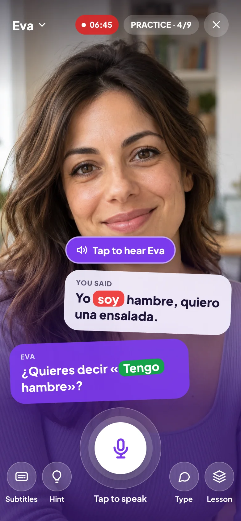 A live Spanish lesson where tutor Eva corrects soy to tengo